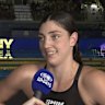 Australia's Meg Harris speaks after winning gold in the women's 50m freestyle at the 2025 swimming world championships.